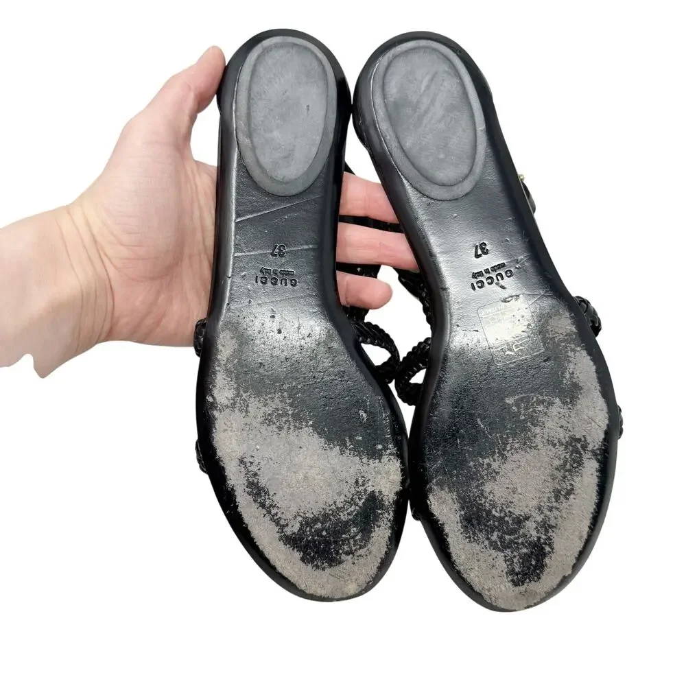 Gucci Horsebit Gladiator Sandals Braided Leather Ankle Cuff Size 37 Black - Picture 5 of 7